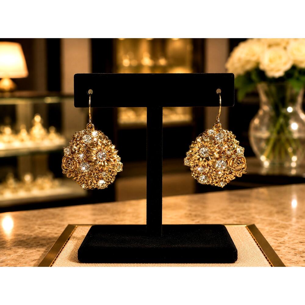 Vintage Liz Claiborne Gold Tone Floral Rhinestone Pierced Dangle Earrings LC
